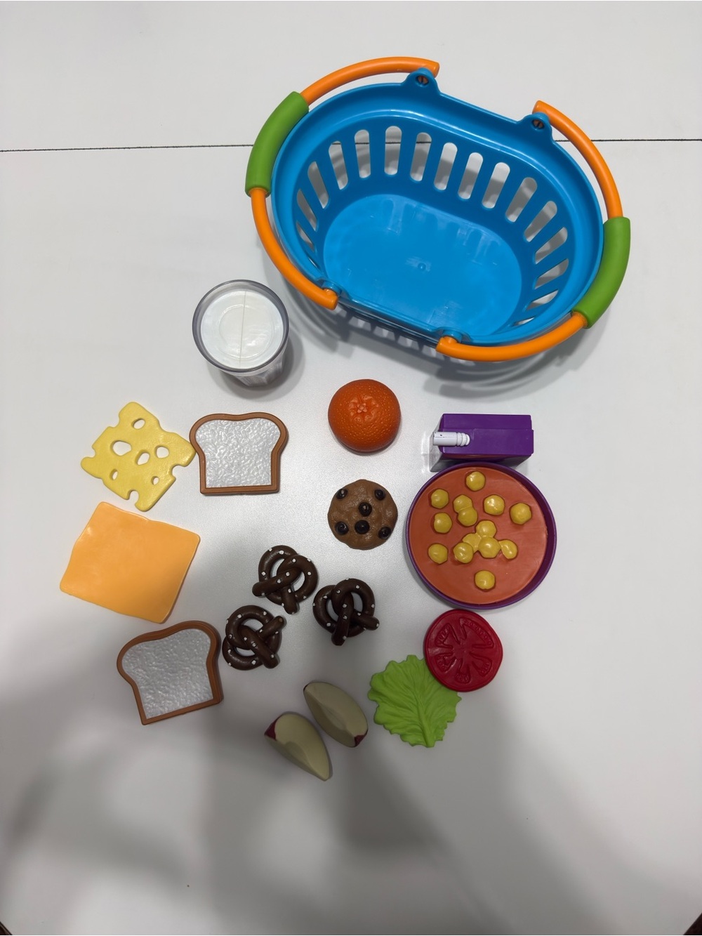 Kids Pretend Play Grocery Basket with Blue & Orange Handles - Toy Food Set
